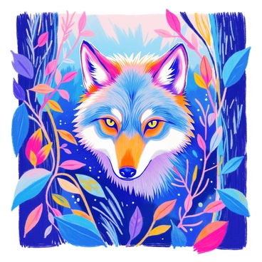 A wolf head is peering through dense forest foliage. The wolf has bright, alert eyes that stand out against the natural green background. The fur of the wolf is grey with hints of brown, blending subtly with the shadows and light filtering through the leaves. Surrounding the wolf's face are various leaves and branches, creating a natural frame. The scene captures the intricacies of the forest environment, with small details like droplets of dew on the leaves and soft textures of the bark visible in the background.