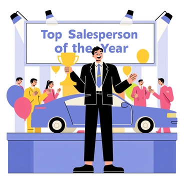 A top-performing car salesperson stands proudly on a stage, holding a shiny trophy in their right hand. The salesperson is wearing a smart black suit with a crisp white shirt and a vibrant tie. Their expression is one of joy and accomplishment. Behind them, a large banner reads "Top Salesperson of the Year" in bold letters. The audience is visible in the background, clapping and smiling, with a spotlight shining down on the salesperson. The stage is decorated with colorful balloons and a sleek car model is displayed to the side, highlighting their achievements in the automotive industry.