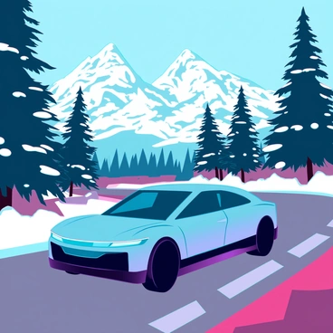 A car driving through a winding mountain road with snow-capped peaks in the background