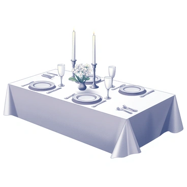 A beautifully set dining table, adorned with an elegant white tablecloth. On the table, there are fine dining plates and polished silverware arranged meticulously. A pair of flickering candles in tall holders provide soft lighting, creating an intimate atmosphere. Delicate glassware is positioned beside each plate, catching the light from the candles. Fresh flowers in a small vase are placed at the center of the table, adding a touch of sophistication to the setting. The overall arrangement conveys a sense of romance and warmth.
