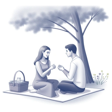 A couple sitting on a picnic blanket under a tree with the man presenting an engagement ring