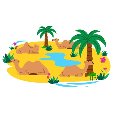 A vibrant oasis in a golden desert, featuring a clear blue pond reflecting the sky above. Lush green palm trees surround the water, providing shade. Several camels are resting on the sandy ground nearby, their coats a rich tan color. Some of the camels are lying down, while others stand, gazing peacefully at their surroundings. Colorful flowers bloom around the edges of the oasis, adding pops of color to the scene. Bright sunlight casts soft shadows on the sand, enhancing the tranquil atmosphere.