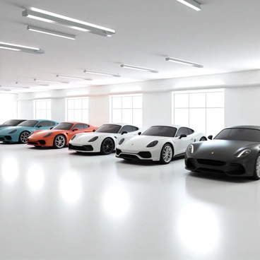 A sleek garage with high ceilings, featuring a polished concrete floor that reflects the light. The garage is spacious and organized, with several luxury cars parked in neat rows. Each car has a distinct color and design, showcasing a variety of models including a red sports car with a shiny exterior, a silver sedan with sleek lines, and a black SUV with an aggressive stance. The walls are adorned with modern lighting fixtures that illuminate the vehicles, creating a vibrant and polished atmosphere. Large windows allow natural light to pour in, adding to the elegance of the space.