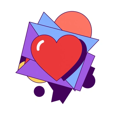 A red heart shape is prominently displayed in the center of the image, surrounded by a series of interlocking blue triangles. The background features a combination of overlapping orange circles and purple squares, creating a dynamic composition. Each suit symbol is represented in a unique geometric form, with the spade represented as a black diamond shape and the club as a series of connected yellow ovals. The arrangement of shapes creates a vibrant and energetic visual impact.