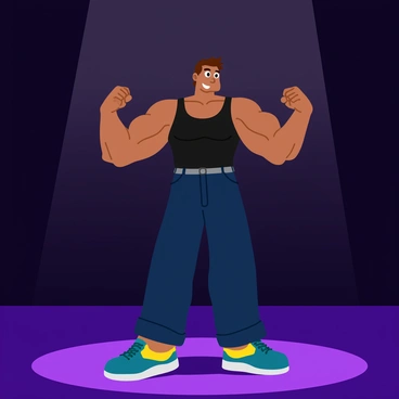 A bodybuilder standing on stage, flexing his arm muscles in a classic pose. He has a well-defined physique, with pronounced biceps and triceps. The bodybuilder has a focused expression on his face, highlighting his dedication. He is wearing a tight-fitting black tank top, emphasizing his muscular build. Bright stage lights illuminate his body, creating defined shadows that accentuate his muscles. The background features a simple dark curtain, contrasting with the bright lights on him.