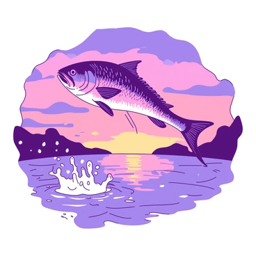 A large fish with shimmering scales is leaping out of the water. The fish is captured mid-jump, with splashes of water droplets cascading around it. In the background, a sunset is casting a warm glow, with hues of orange blending into soft purples and pinks across the sky. The reflection of the vibrant colors illuminates the surface of the water below, enhancing the dramatic scene created by the dynamic leap of the fish.
