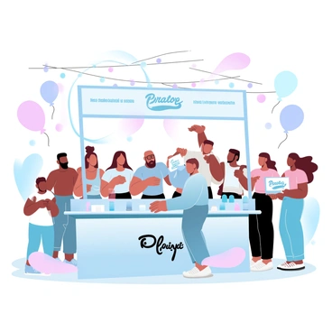 A diverse group of people is gathered around a brand booth at a community fair. The booth is colorful and adorned with banners displaying the brand's logo and information. Various individuals of different ethnicities and ages are engaged in conversation, some holding brochures and others pointing at the products displayed on the table. Nearby, there are balloons floating in the air, and a festive atmosphere is created by string lights that hang above. A couple of children are playing nearby, adding to the lively scene.
