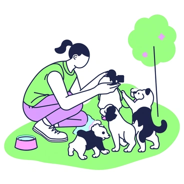 A pet photographer is crouched down on the grass, capturing images of playful puppies surrounding her. She is wearing a colorful shirt and jeans, with a camera in her hands aimed at the puppies. The puppies are various breeds, all energetic and curious, with some playfully jumping up towards the photographer. One puppy is tugging at the photographer's shoelaces, while another is rolling on its back, paws in the air. In the background, a vibrant dog toy and a small water bowl can be seen scattered on the grass. A nearby tree provides some shade, filtering the sunlight onto the joyous scene.
