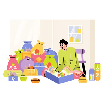 A cartoon-style illustration of a character sitting on the floor in a small room. The character has a surprised expression, with wide eyes and an open mouth. They are surrounded by heaps of groceries, including colorful bags filled with fruits and vegetables, boxes of snacks, and cans with labels. Scattered around them are various takeout containers, some with chopsticks sticking out, and others with vibrant labels. The room has plain walls, and a small window can be seen in the background with sunlight streaming in. A chair and a small table are present, covered in more groceries.