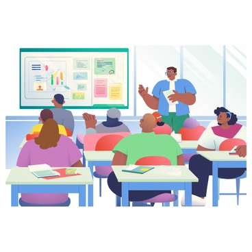 A classroom filled with desks and chairs is set up for a lesson. In the front, a teacher with short brown hair is standing beside a whiteboard, which displays diagrams and financial concepts. The teacher is wearing glasses and a blue shirt, gesturing towards the whiteboard while engaging with the students. On the desks, there are Sanchay Plus materials, including colorful brochures and worksheets. Students of diverse backgrounds are seated, looking attentively at the teacher, with some taking notes and others raising their hands to ask questions. The classroom has large windows allowing natural light to stream in, creating a bright and inviting learning environment.