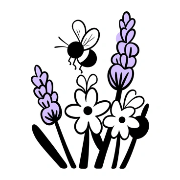 A busy bee with detailed wings is hovering above a cluster of lavender flowers. The lavender flowers are richly detailed, with multiple blossoms arranged closely together. The bee is positioned near the flowers, with its abdomen extended towards one of the lavender blossoms. Delicate petals of the flowers are visible, showcasing intricate textures and shapes. Some lavender stems are slightly bent under the weight of the blossoms, enhancing the composition of the scene.