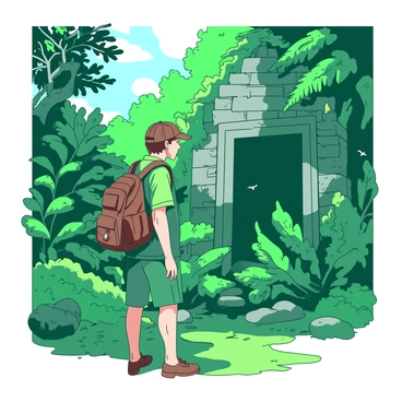 An explorer wearing a green cargo outfit is standing among large, lush green ferns in a dense jungle. The explorer is examining a stone structure partially overgrown with vines and moss. Sunlight filters through the thick canopy above, casting a soft glow on the intricate carvings of the ancient ruins. Birds can be seen perched on branches nearby, adding life to the vibrant scene around the explorer, who carries a worn leather backpack.