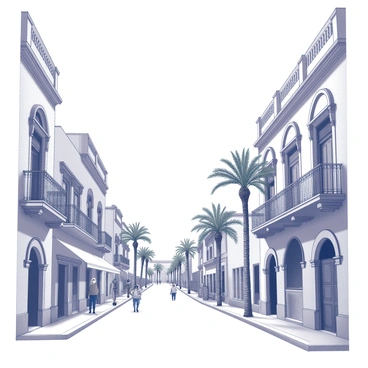 A street lined with French colonial architecture in Casablanca. The buildings feature ornate balconies with decorative ironwork and tall windows adorned with shutters. Each structure has intricate details, including cornices and arched doorways, contributing to a cohesive historical aesthetic. The scene includes palm trees lining the sidewalk, providing shade, and pedestrians walking leisurely along the street. The sky above is clear and bright, creating a vibrant atmosphere in the urban landscape.