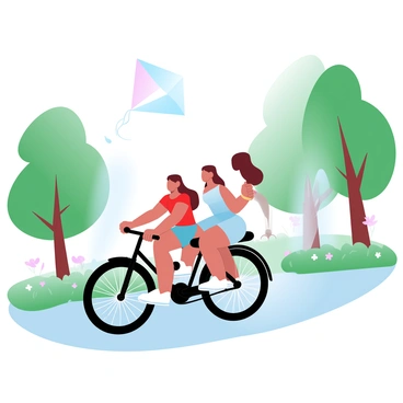 Two women are riding a tandem bicycle through a lush green park. One woman is wearing a bright red top and the other is dressed in a light blue sundress. Both women are leaning slightly forward, holding the handlebars tightly. The park is filled with vibrant flowers on either side of the path, and tall trees provide a canopy overhead. A light breeze is causing the leaves to sway gently. In the background, a large fountain can be seen, spraying water into the air. A colorful kite is flying above them, adding to the cheerful atmosphere.