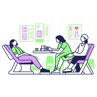 A diverse group of people is sitting in a local donation center, each engaged in the blood donation process. A person with dark skin and short hair is reclining in one donation chair, while a person with light skin and long hair is sitting in another chair, both with bandages on their arms. Nearby, a woman with medium skin tone and curly hair is interacting with a nurse who is preparing supplies on a small table. Various posters on the walls provide information about blood donation, and a small waiting area with chairs can be seen in the background.