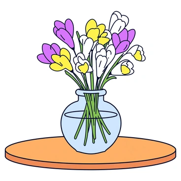 A still life arrangement featuring crocus flowers in a clear glass vase. The vase is filled with fresh water and has a simple rounded shape. The crocus flowers are in vibrant shades of purple, yellow, and white, with some flowers fully bloomed while others are still closed. The wooden table has a warm, natural finish, with visible grain patterns and a smooth surface. Soft, diffused lighting highlights the colors of the flowers and creates gentle shadows on the table.