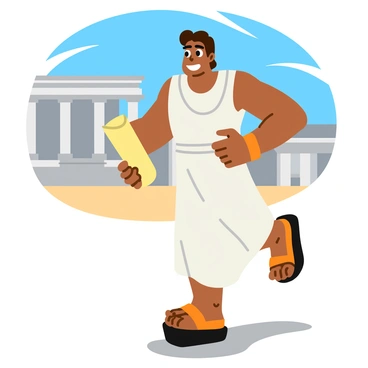 A muscular ancient Greek messenger wearing a flowing white tunic and sandals is running energetically. He holds a rolled parchment scroll tightly in one hand, while his hair flows back with the force of his movement. His expression shows determination and urgency. The backdrop features an ancient city with grand columns, stone buildings, and a clear blue sky. The messenger's shadow is cast on the ground, adding depth to the scene.
