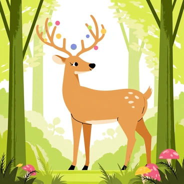 A majestic deer with large, intricately branched antlers stands in a dense forest. The antlers are adorned with several glowing orbs of various colors, casting soft light around. The deer has a sleek brown coat with white spots, its eyes wide and expressive. Surrounding the deer, tall green trees rise up, their trunks thick and textured. Lush underbrush is visible on the forest floor, with small ferns and colorful mushrooms peeking through. In the background, dappled sunlight filters through the leaves, creating a magical atmosphere around the scene.