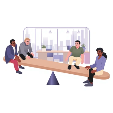 A digital flat illustration featuring a see-saw in a modern workplace setting. On the higher side of the see-saw, there are three men. One man has dark skin and is wearing a blue suit with a white shirt. The second man has light skin and is dressed in a gray shirt with black trousers. The third man has medium skin and is wearing a casual green polo shirt with beige pants. On the lower side, there are three women. One woman has light skin and is wearing a red dress. The second woman has medium skin and is dressed in a purple blouse with black jeans. The third woman has dark skin and is wearing a yellow skirt with a white top. The workplace setting includes desks with computers, office plants, and a window showing a cityscape in the background.