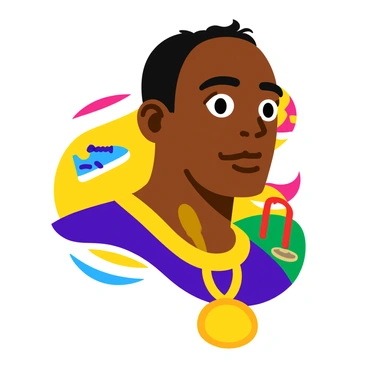 A colorful mosaic portrait of "Usain Bolt" composed of various track and field elements. The tiles include small images of "running shoes," "hurdles," "starting blocks," and "medals" in vibrant colors. The background features a mix of bright shades that enhance the energy of the portrait. Each element is carefully arranged to create a recognizable likeness of Usain Bolt, showcasing his athleticism and speed. The overall composition has a dynamic flow, reflecting the movement and excitement of track and field.