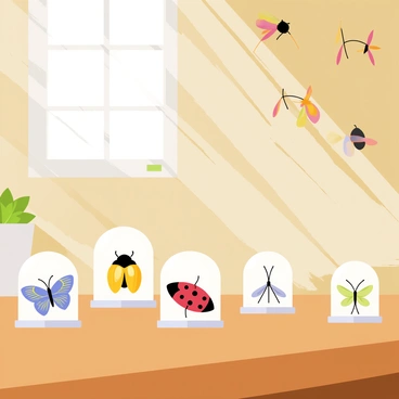 A long wooden table displays several small glass cloches, each containing a different colorful insect. The cloches are transparent, allowing a clear view of the insects inside. One cloche holds a vibrant blue butterfly with intricate patterns on its wings, while another features a bright yellow beetle with shiny, smooth exoskeleton. Nearby, a cloche showcases a striking red and black ladybug, and another contains a delicate green dragonfly with long, slender wings. The background features a wooden wall adorned with pinned insect specimens, emphasizing the theme of entomology. Natural sunlight streams in, illuminating the vivid colors of the insects and creating reflections on the glass cloches.