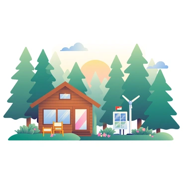 A cozy wooden cabin with a sloping roof is nestled among tall pine trees in a dense forest. The cabin has large windows that reflect the green surroundings, and a small porch with a couple of rustic chairs. Surrounding the cabin, there are patches of colorful wildflowers. A self-contained microgrid is positioned beside the cabin, featuring solar panels on a small structure and a wind turbine spinning gently in the breeze. Soft light emits from the cabin's windows, illuminating the area as the sun sets in the background, casting warm hues across the scene.