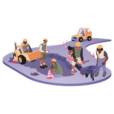A team of contractors working on road repairs with heavy machinery