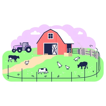 A farm is set against a backdrop of dusk light, where the sky transitions into soft hues. In the foreground, there is an electric fence running around the perimeter, with a subtle, glowing line indicating its presence. A variety of farm animals, such as cows and chickens, are scattered around the field, some grazing and others pecking at the ground. Near the center of the farm, a classic red barn stands, with a white roof and open doors revealing hay bales stacked inside. A dirt path leads up to the barn, bordered by patches of grass. In the distance, a tractor is parked next to a wooden fence, adding to the farm's rustic charm.