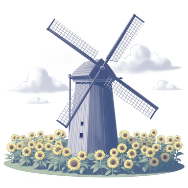 A windmill with multiple blades is spinning rapidly. The windmill stands tall in the center of a field filled with numerous sunflowers, their large yellow faces turned toward the sun. The sky above is filled with fluffy white clouds, creating a vibrant backdrop for the scene. The sunflowers are densely packed, creating a sea of yellow that contrasts with the structure of the windmill. The ground is green, suggesting a healthy and lush field. The windmill's wooden structure is detailed, showing texture and grain, while the blades catch the light as they rotate.