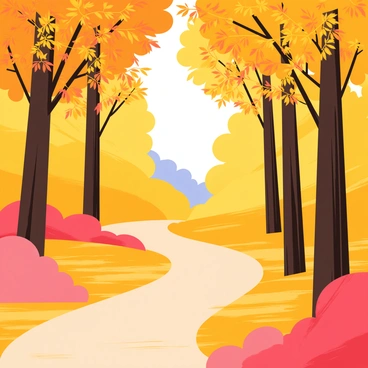 A scenic pathway winding through a tranquil forest, covered in a thick layer of orange, red, and yellow fallen leaves. The trees lining either side of the pathway are tall and slender, their branches extending outward, creating a natural archway. Sunlight filters through the leaves, casting dappled shadows on the ground. The pathway itself is a warm brown, showing signs of wear from footsteps. In the background, a soft blue sky peeks through the treetops.