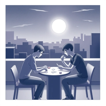 A rooftop setting at night, illuminated by the soft glow of a full moon. Two people are seated at a small round table, engaged in a card game. The table is adorned with a few scattered playing cards and a small stack of chips. The players are focused, one leaning forward in anticipation while the other holds a card close to their face. In the background, the silhouettes of distant buildings and rooftops are visible against the night sky. Gentle breezes ripple through the scene, adding a sense of calm to the atmosphere.