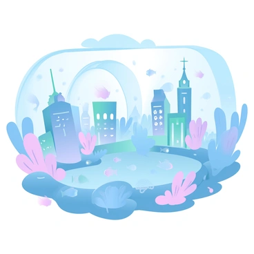 A vibrant underwater city is depicted with numerous colorful buildings showcasing various architectural designs. Glass tunnels connect these buildings, allowing for clear views of the surroundings. The water is filled with soft, gradient pastel colors, enhancing the ethereal quality of the scene. Schools of fish swim gracefully around the city, adding a dynamic element to the tranquil atmosphere. Coral formations populate the ocean floor, providing additional texture and color to the underwater environment. Light rays filter through the water, creating a shimmering effect on the surfaces of the buildings.
