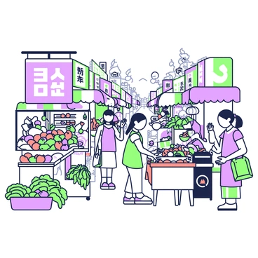 A bustling Korean street market filled with activity. Various vendors are positioned along the narrow pathways, each displaying a vibrant array of fresh produce. Some of the stalls are laden with colorful fruits, including apples and pears, while others showcase an assortment of leafy greens and radishes. Street food vendors are cooking and serving popular dishes, with sizzling sounds and aromatic steam rising from the grills. Customers are gathered around, enjoying snacks such as tteokbokki, hotteok, and skewered meat. Colorful banners and signage adorn the market stalls, creating a lively atmosphere. In the background, people walk by, some carrying shopping bags, while others pause to sample the delicious offerings.