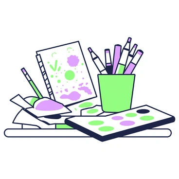 A spread of various art supplies is arranged on a wooden desk. There are several markers standing upright in a green cup, showcasing their different shapes. Next to the cup, a palette with several sections holds different watercolor paints. Scattered around the palette are sheets of paper, with some featuring light pencil sketches and others displaying vibrant paint splotches. A paintbrush rests beside the palette, its bristles slightly bent from use. In the background, a small sketchbook is partially open, showing a glimpse of artwork inside.