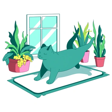 A teal fat cat is attempting a yoga pose on a white yoga mat. The cat is balancing on its front paws with its back legs extended upward, creating a playful scene. Surrounding the cat are various houseplants in colorful pots, including a tall green snake plant and a bushy yellow pothos. Sunlight filters through a nearby window, casting soft shadows from the plants onto the mat.