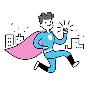 A superhero in a bold pose, wearing a bright blue and red suit with a flowing cape, is leaping through the air. The superhero's eyes are determined, and they have a confident expression. A city skyline is visible in the background, with tall buildings and a clear sky. The superhero's hand is outstretched, as if preparing to catch something or strike an enemy. Action lines radiate around the figure, emphasizing the movement and energy of the scene. The colors are vivid and contrasting, enhancing the dynamic nature of the superhero's pose.