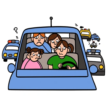 A family in a car, looking frightened as they approach a sudden traffic jam with an accident ahead.
