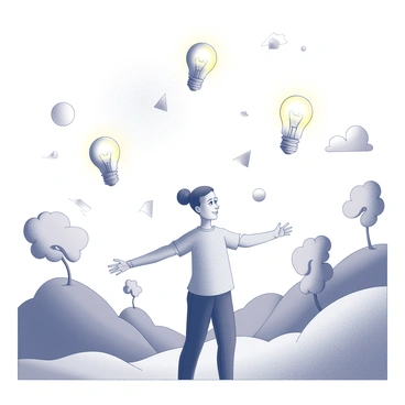 A person stands with their arms outstretched in a surreal landscape filled with abstract shapes. Above them, there are luminous ideas represented as light bulbs and floating geometric forms cascading down like a shower. The landscape features undulating hills with unusual, twisted trees and a sky filled with swirling clouds. The person's expression reflects curiosity and wonder as they are surrounded by this imaginative environment.