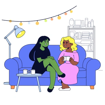 Elphaba and Glinda are sitting together on a plush, oversized couch in a cozy room. Elphaba has dark green skin, long black hair, and is wearing a simple black dress. Glinda has blonde hair styled in soft curls and is dressed in a light pink gown with a flowing skirt. The room is filled with warm lighting emanating from a nearby floor lamp and string lights hanging overhead. There is a small round table beside them with two steaming mugs. A bookshelf filled with books and a few decorative items can be seen in the background. The two characters are smiling at each other, clearly sharing a heartfelt conversation.