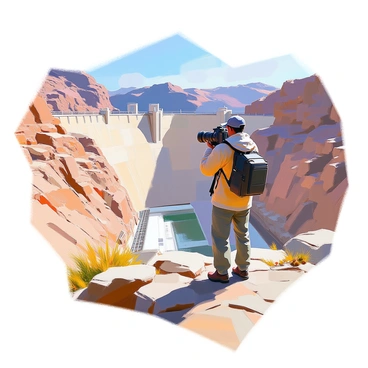A photographer with medium skin tone is standing on a rocky ledge near the Hoover Dam, holding a camera poised to capture an image. The photographer is wearing a light jacket and a cap, intently focusing on the intricate details of the dam. The massive concrete structure of the Hoover Dam towers in the background, showcasing its grand architecture and the water flowing through the generators. Sunlight casts shadows across the surface, highlighting the texture of the dam and the surrounding canyon. In the foreground, there are small rocks and vegetation that add depth to the scene.