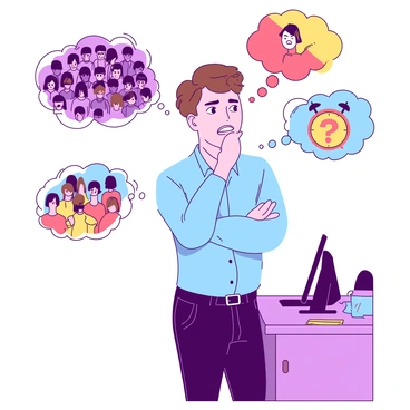 A person with short brown hair and a worried expression is standing with their arms crossed and biting their lip. They are wearing a smart blue shirt and black pants, standing in an office environment with a wooden desk nearby. Surrounding the person are multiple colorful thought bubbles depicting various fears and worries. One thought bubble shows a large audience looking disinterested, another depicts a clock showing time running out, and a third bubble has a question mark inside. The background is softly blurred to emphasize the person and their daydreaming state.