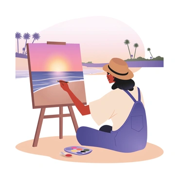 A digital flat illustration showing an artist painting at Santa Monica Beach. The artist is wearing a white shirt, denim overalls, and a straw hat. They are focused on a canvas on an easel, capturing the vibrant colors of the sunset. The sky is filled with shades of orange, pink, and purple as the sun sets on the horizon. The ocean waves gently lap at the shore, reflecting the colors of the sky. In the background, palm trees sway slightly, and a few silhouettes of people can be seen enjoying the beach. A palette with various paints is placed on the sand next to the artist.