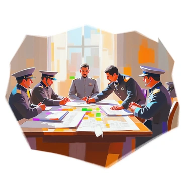 A historical scene depicting "Mier y Teran," a man of Mexican heritage with dark hair and a serious expression, engaged in a strategic meeting with several of his officers. The officers, dressed in period military uniforms, surround a large wooden table covered with various maps and strategic plans. The maps are detailed and feature topographical layouts. Mier y Teran is leaning slightly over the table, pointing at a particular area on a map, while one officer takes notes on a piece of parchment. The room is filled with a sense of urgency as sunlight filters through the windows, illuminating the gathered figures and the intricate details of the maps.