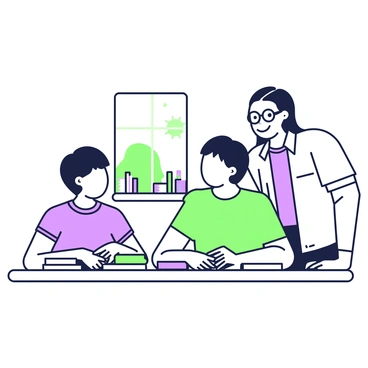 A child is sitting at a desk, focused on a book in front of them. The child has short hair and is wearing a bright t-shirt. Across from the child, a mentor with medium-length hair is leaning slightly forward, giving a warm smile. The mentor is dressed in a casual shirt and glasses, creating an inviting atmosphere. On the desk, there are notebooks and various colorful study materials scattered about. A window in the background shows a sunny day outside, adding a sense of brightness to the scene.