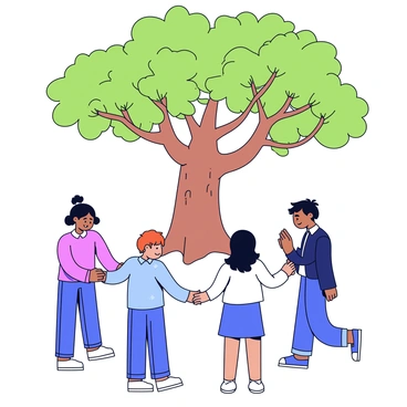 A small group of four people, two men and two women, are standing in a circle holding hands. Each person has their heads bowed in a prayerful position. They are positioned under a large tree with a thick trunk and a full canopy of green leaves. Sunlight filters through the leaves, casting dappled shadows on the ground. The scene conveys a sense of unity and reverence.