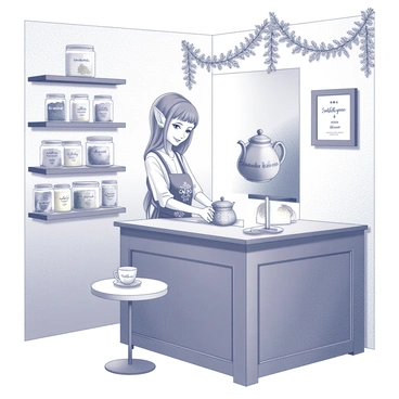 An elf is standing behind a wooden counter in a quaint vintage tea shop. The elf has pointed ears and long, flowing hair. They are wearing a delicate apron adorned with floral patterns. The elf is carefully pouring hot water from a kettle into a teapot with intricate designs. Surrounding the counter are shelves filled with various tea jars, each labeled with elegant script. The walls feature floral decor, including framed botanical illustrations and garlands of dried flowers hanging from the ceiling. A small table nearby is set with a teacup and saucer, displaying the warmth of the tea preparation process.