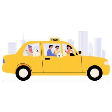 A family in a taxi with their pets looking out the window eagerly