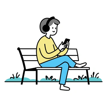A person sitting on a park bench, wearing large black headphones. They have short brown hair and are focused on their phone, completely immersed in their own world. The park around them is filled with green grass and a few scattered trees, but the person pays no attention to the people walking by. Their relaxed posture indicates they are enjoying their solitude.