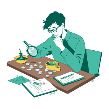 A teal collector is sitting at a wooden desk, intently examining a collection of old coins using a magnifying glass held in their right hand. The desk is cluttered with various coins spread out in front of the collector, each glinting in the light. To the side, there is a small yellow wooden box that holds additional coins. The collector is wearing reading glasses, and a notebook with scribbled notes is positioned nearby, along with a fountain pen resting on the desk.
