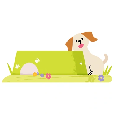 A dog bowl made from recycled materials with a textured green surface. The bowl is circular in shape, featuring a slightly raised edge. Small leaves and paw prints are embossed around the outer side of the bowl. The bowl rests on a wooden surface, with a background of green grass and a few scattered colorful flowers nearby. A happy dog sits next to the bowl, looking excited and ready for mealtime.